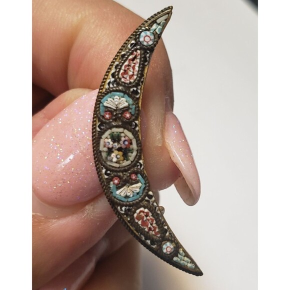 Antique Victorian Italy Micro Mosaic Cresent Moon Brass Frame Brooch Marked FAP - Picture 12 of 13